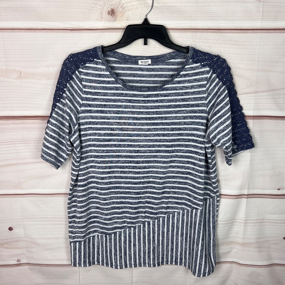 Westport Top Womens 1X Blue Stripe Blouse Knit Lace Trim Short Sleeve Round Neck